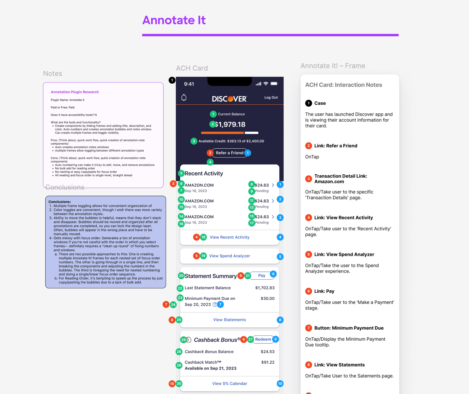 Figma view of the four plugins we tested, with annotations on the left and plugin interfaces on the right
